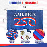 4 by 6 Nylon America 250 Flag, Bold 250 Emblem, Canvas Header & Brass Grommets, Fade-Resistant with Nylon Fabric