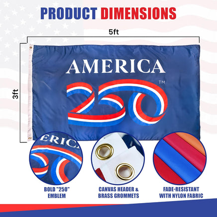 3 by 5 Nylon America 250 Flag, Bold 250 Emblem, Canvas Header & Brass Grommets, Fade-Resistant with Nylon Fabric