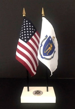 Massachusetts and USA miniature flag executive set