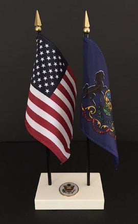 Pennsylvania and USA miniature flags with white base and USA seal