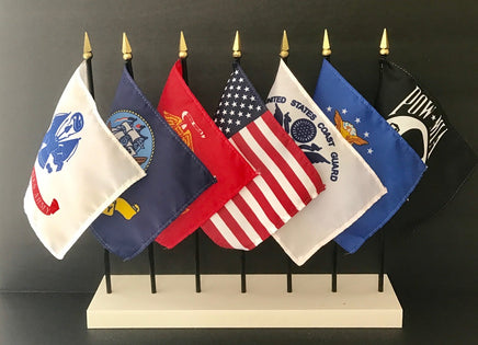 US Military Miniature Flag Set - 7 flags plus 7 hole white flag stand