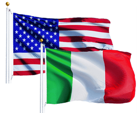 an image of two flags flying on flagpoles: the one in the back left is the American flag, and the one in the bottom right is the Italian flag
