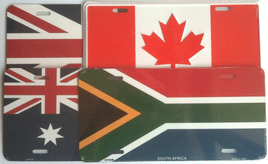 a photo of four different license plates, each covered with an image of a world flag