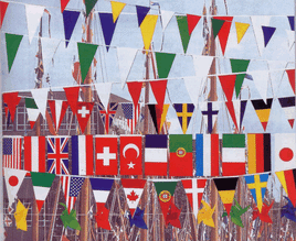 a picture of many different kinds of flag streamers: about half of them depict world flags