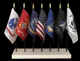 US Military Mini Flag Set - 7 Flags with Space Force & 7 Hole White Stand