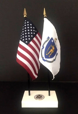 Executive Massachusetts and US Flag Desk Set