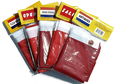 Various Polyester Advertising Flags: Flea Market, Open, Grand Opening, Sale, and Antiques