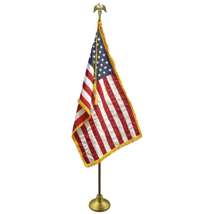 Indoor American flag set with gold fringe, eagle and floor stand