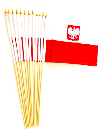Poland with Eagle Polyester Stick Flag - 12"x18" - 12 flags